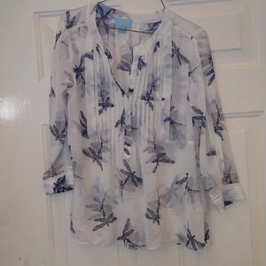 CeCe New XS Dragonfly 3/4 sleeve Blouse Shirt NWT